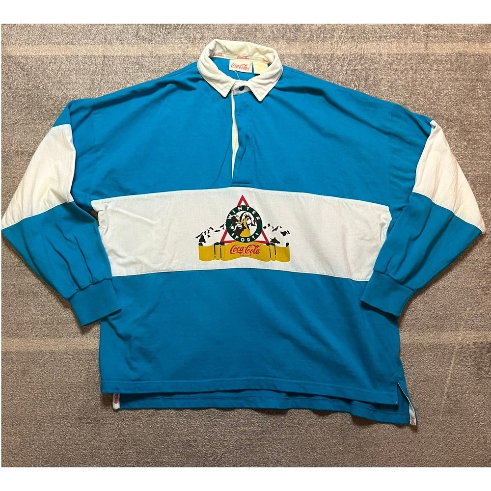 Vintage Coca Cola Winter Sports Rugby Shirt Blue White Cotton 90s Mens Small/38